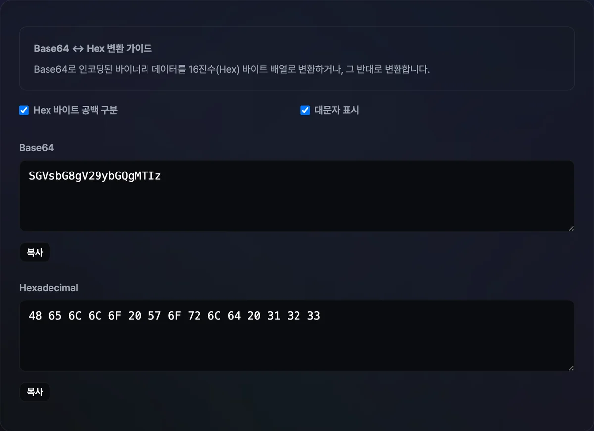 Base64 입력창에 텍스트를 입력하자 오른쪽 Hex 입력창에 16진수 값이 자동으로 채워진 변환기 화면