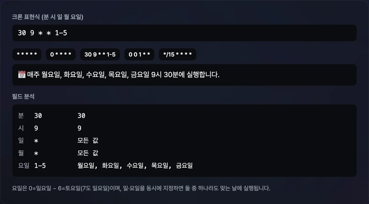 크론 표현식 입력창에 '30 9 * * 1-5'를 입력하자 요일별 실행 시각을 설명하는 한국어 문장과, 분·시·일·월·요일 필드별로 원본 값과 실제 매칭값을 정리한 표가 함께 나타난 화면