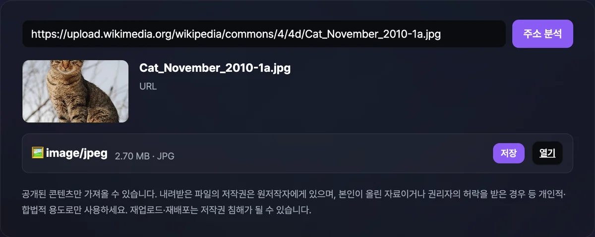 위키미디어 공용의 이미지 직접 주소를 넣어 2.70MB 원본 JPG 파일을 찾아낸 화면