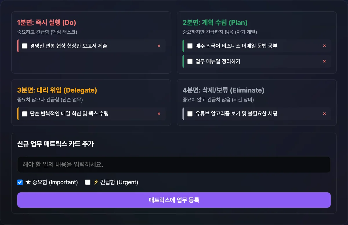 중요함만 체크하고 긴급함을 해제해 등록한 할 일이 2분면 계획 수립 칸에 들어가고 1·3·4분면에도 각각 카드가 놓인 화면