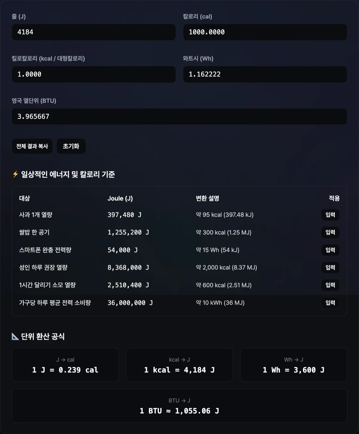 에너지 및 열량 단위 변환기 화면으로 입력된 전력량이 칼로리와 줄 단위로 완벽 환산된 리포트 화면