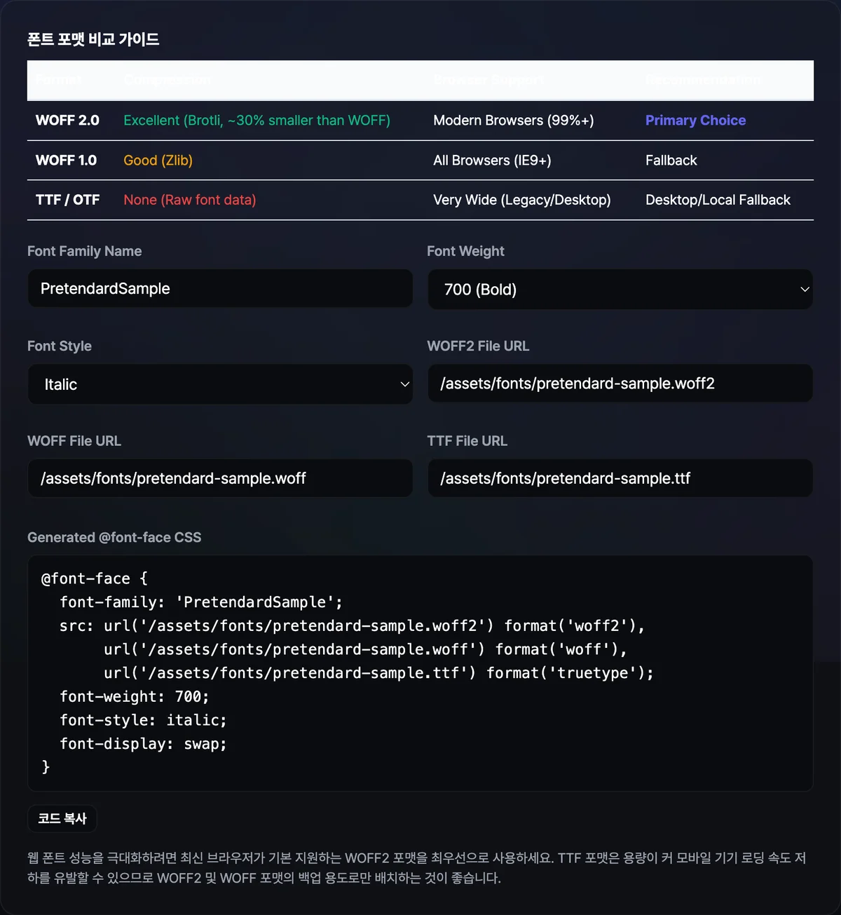@font-face CSS 생성기 화면 — 폰트 이름과 굵기, WOFF2·WOFF·TTF 세 파일의 경로를 입력해 만들어진 @font-face 코드와 복사 버튼