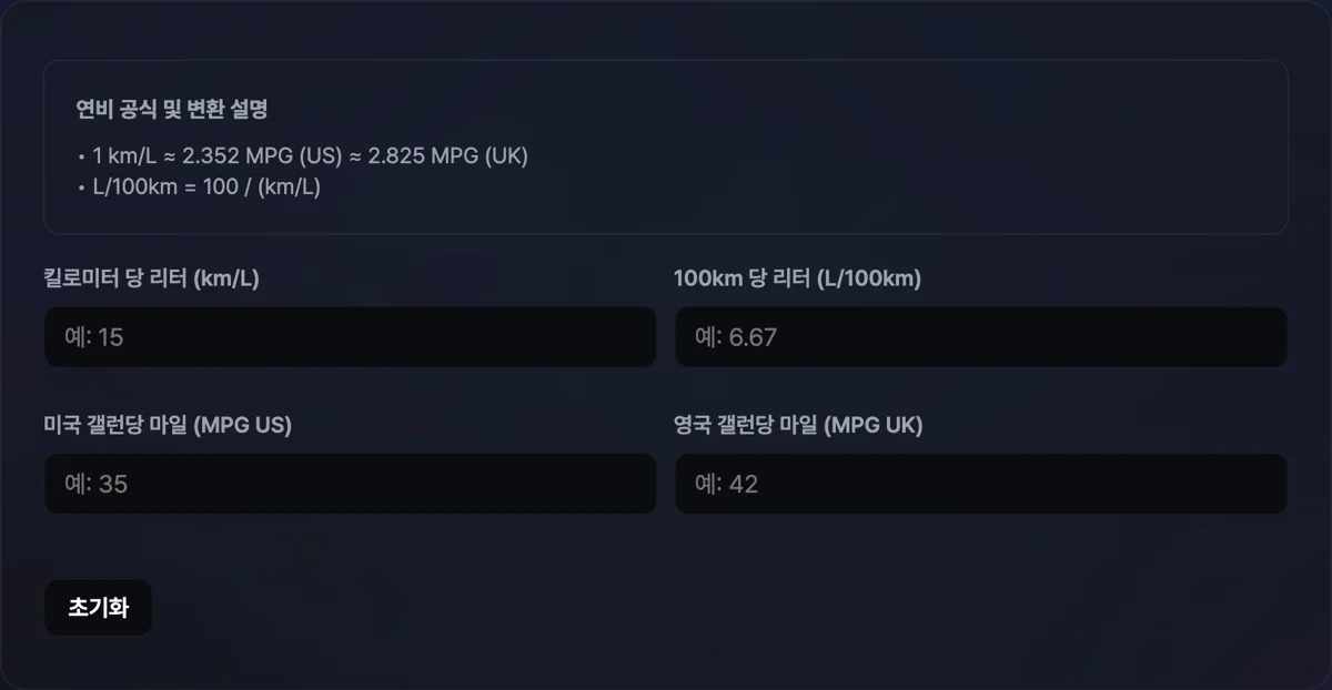 연비 단위 변환기 대시보드 화면으로 입력한 수치가 각국 규격으로 자동 매핑된 그래픽