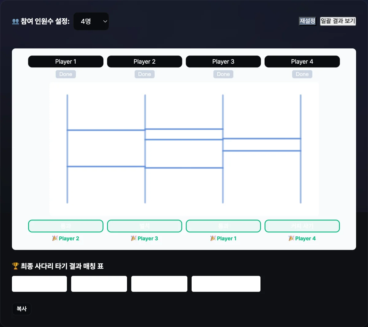 사다리 타기 게임 2D Canvas 보드 화면으로 일괄 결과 보기 클릭 후 매칭 결과가 렌더링된 그래픽