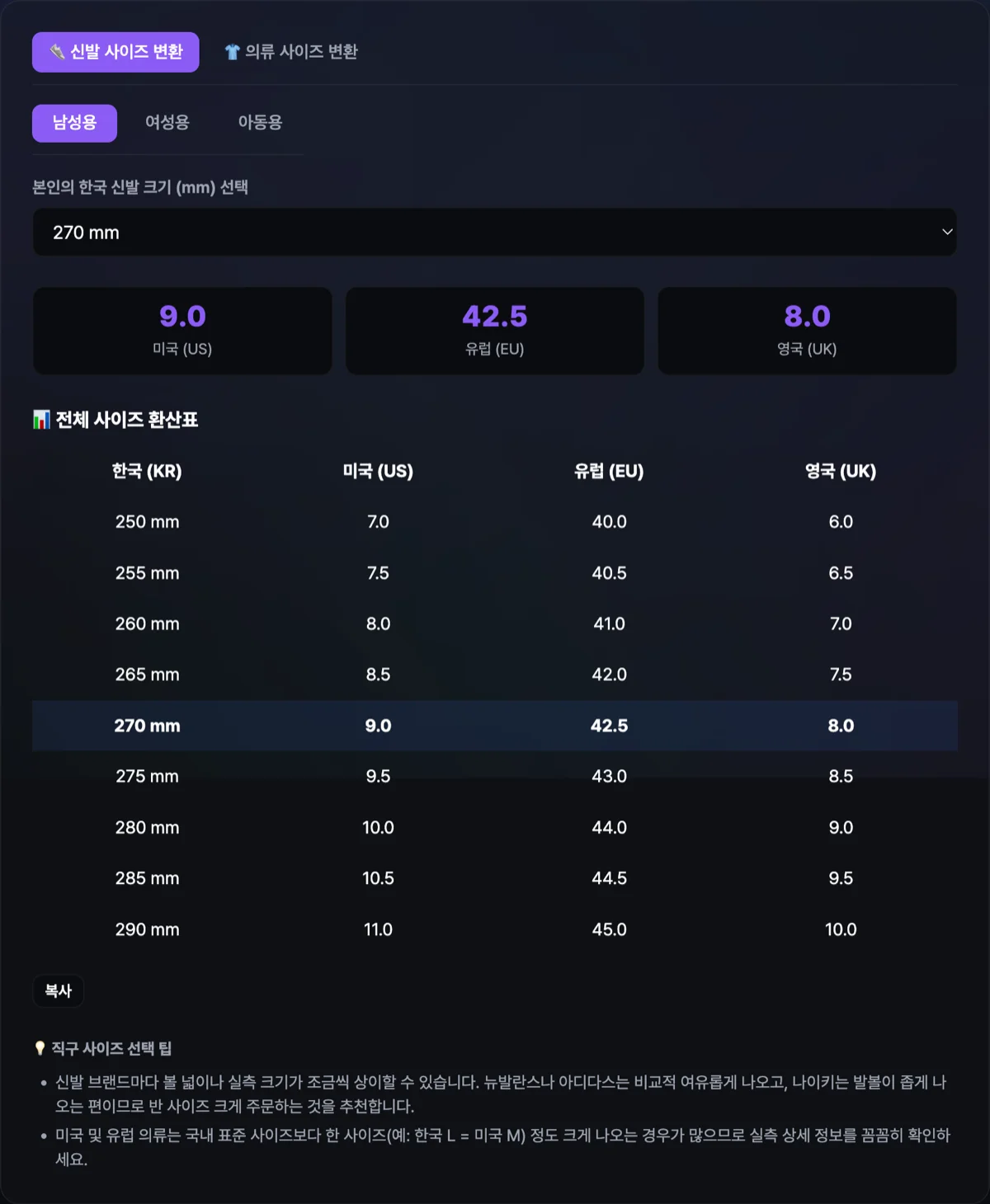 국가별 옷 신발 사이즈 변환기 실행 화면으로 신발mm단위를 입력하자 US와 EU 사이즈가 동시 변환된 화면