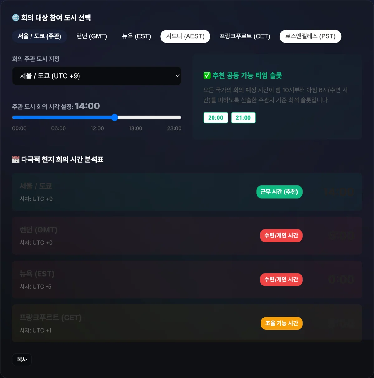 세계 시차 회의 조율기 화면에 등록한 각국 도시의 현지 시각과 근무·수면 상태가 색상 배지로 나열된 대시보드