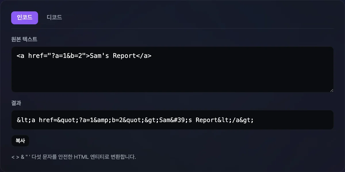 HTML 엔티티 변환 도구에서 인코드 탭이 선택된 채, 꺾쇠괄호와 따옴표가 포함된 코드를 입력창에 넣자 오른쪽 결과창에 엔티티로 치환된 문자열과 복사 버튼이 표시된 화면