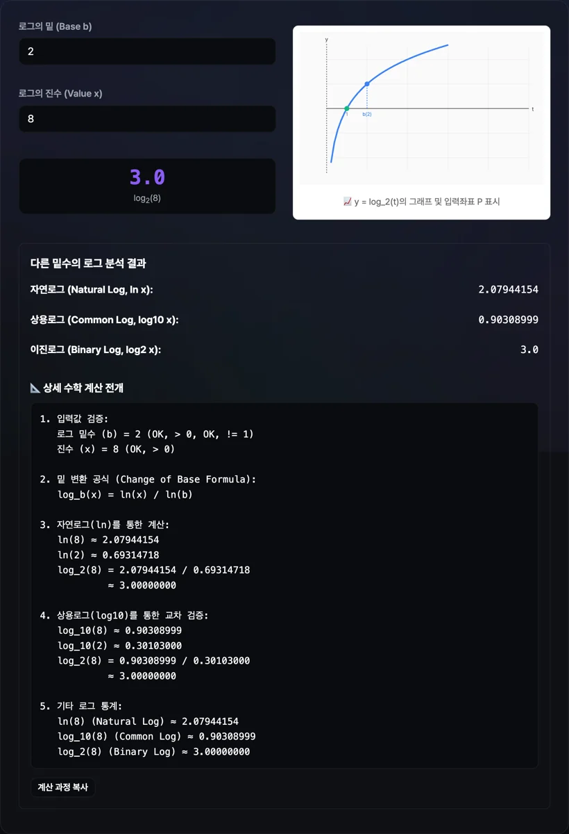 로그 및 자연로그 계산기 실행 화면
