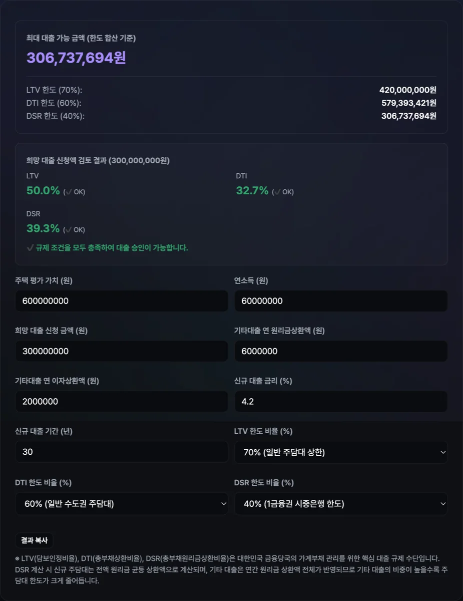 LTV·DTI·DSR 대출한도 계산기 실행 화면