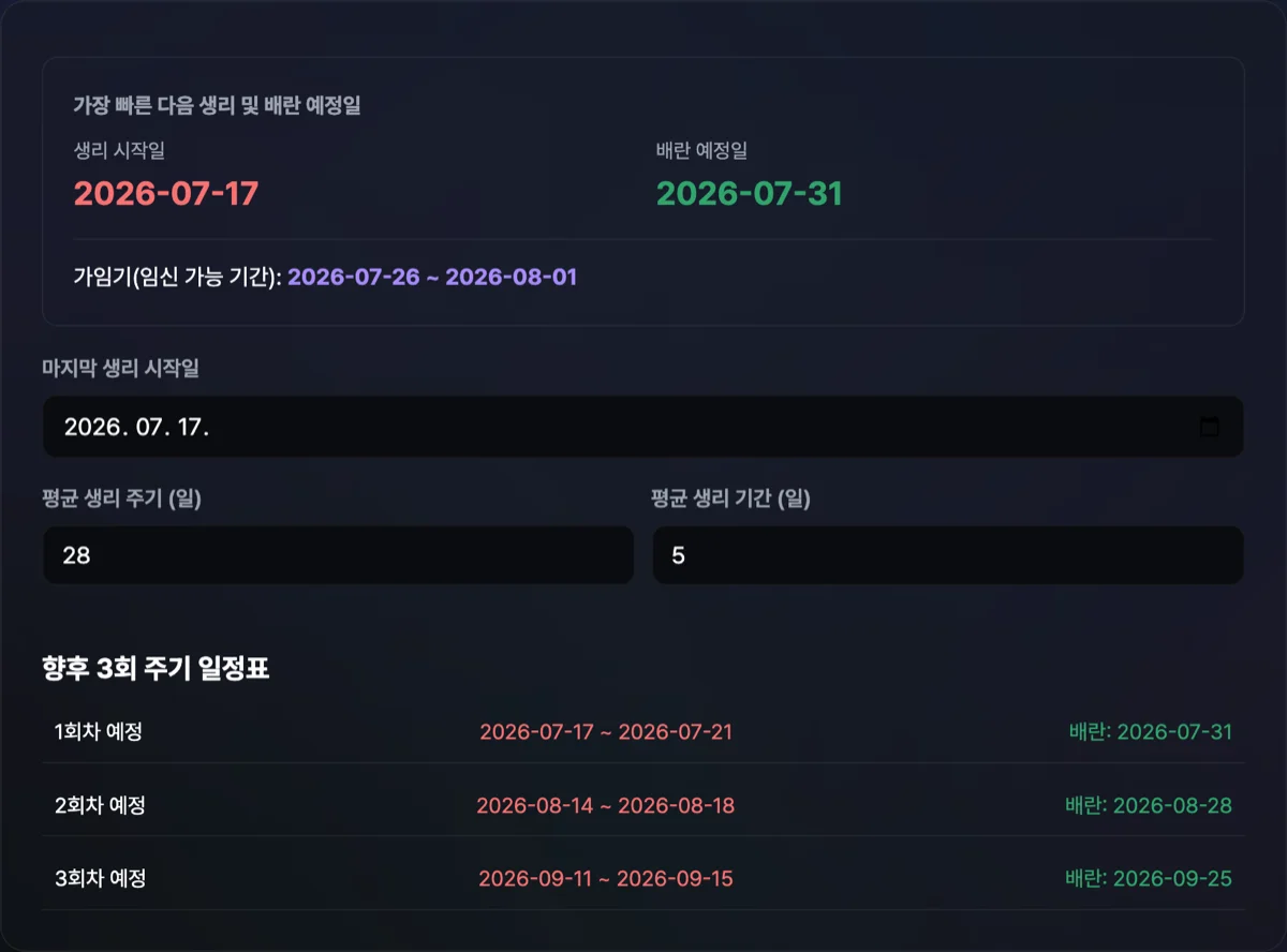 생리주기 배란일 계산기 실행 화면