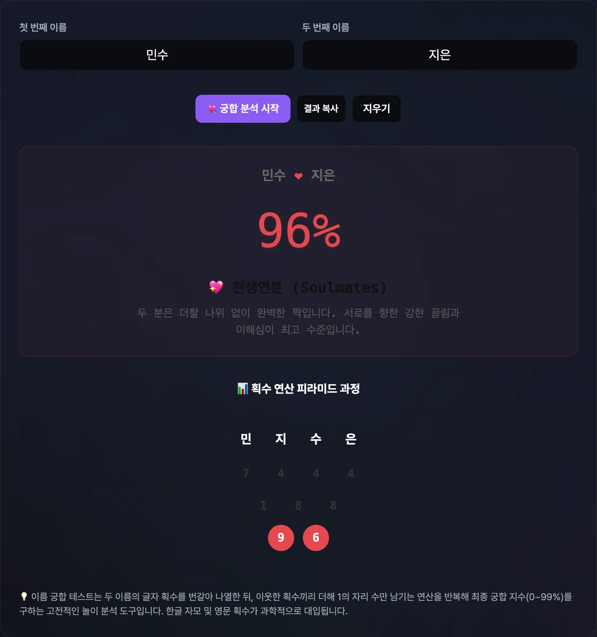 이름 궁합 계산기에서 두 이름의 퍼센트 결과 카드와 획수 피라미드 연산 과정이 함께 표시된 화면