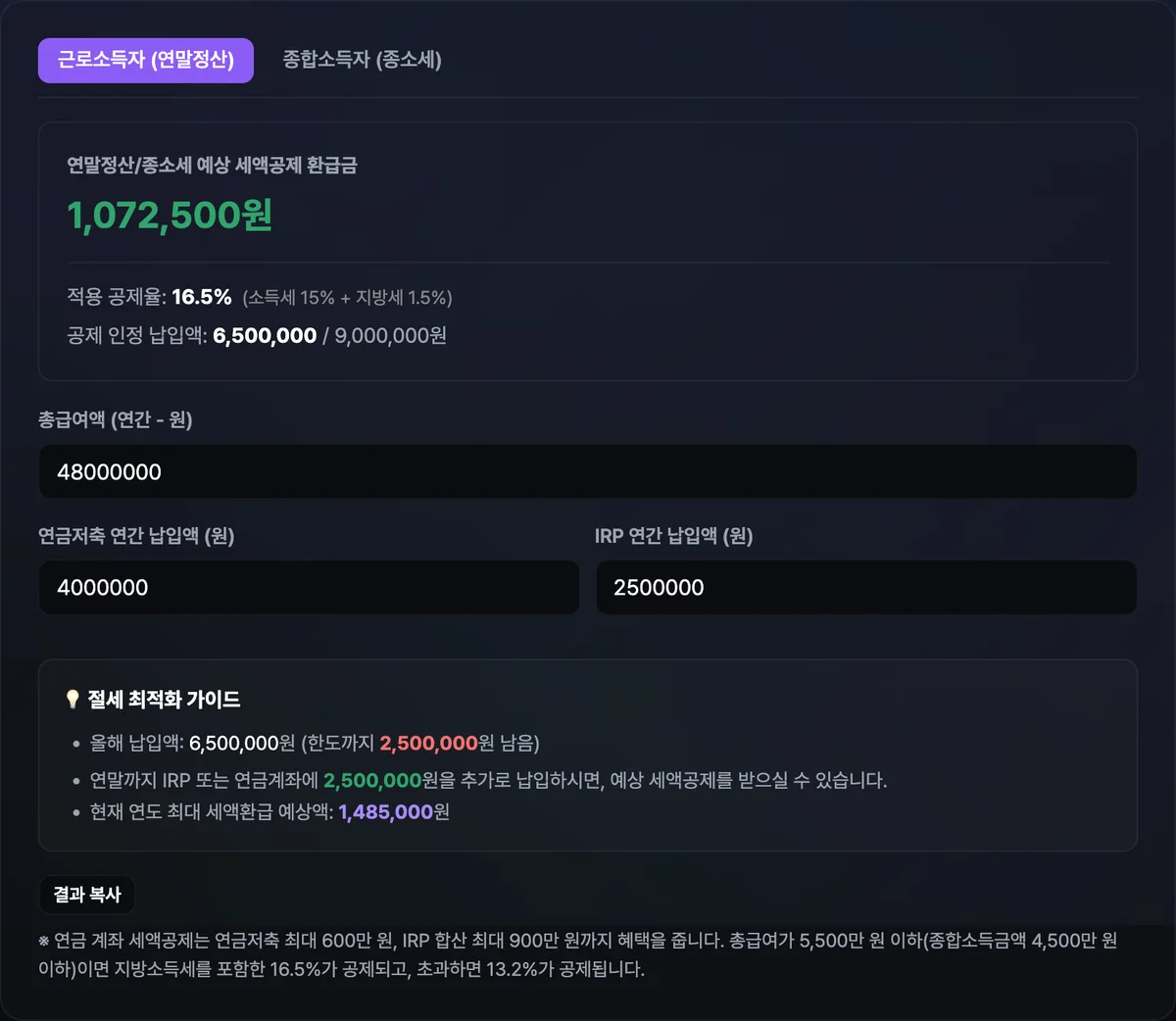 근로소득자 탭에서 총급여·연금저축·IRP 납입액을 입력하자 예상 세액공제 환급액과 900만 원 한도까지 남은 금액이 표시된 결과 화면
