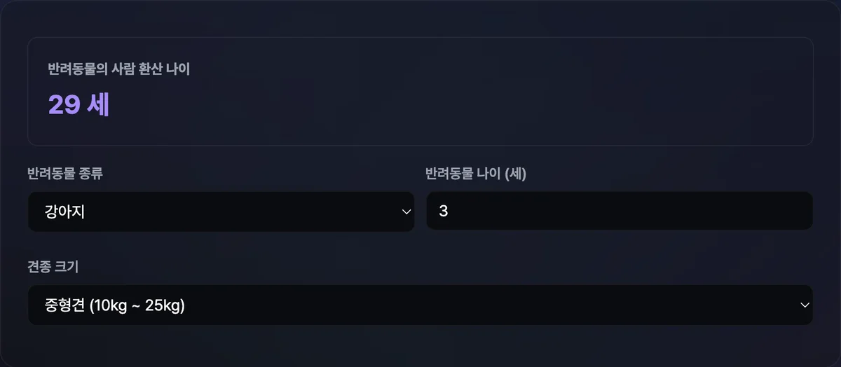 강아지 나이와 견종 크기를 선택하면 사람 환산 나이가 표시된 계산기 화면
