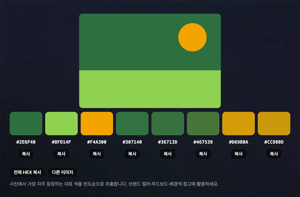 사진 파일을 올린 화면 아래 8개의 색상 스와치와 각 HEX 코드, 복사 버튼이 나열된 결과