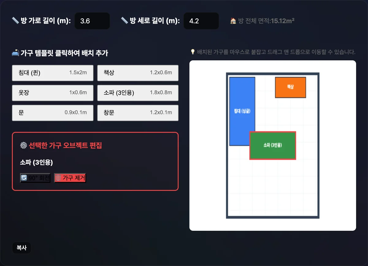 방 가로 4m, 세로 3m 평면도 위에 침대·책상·옷장이 배치되고 0.5m 격자와 벽 외곽선, 선택된 가구의 회전·삭제 버튼과 하단 좌표 복사 버튼이 표시된 화면