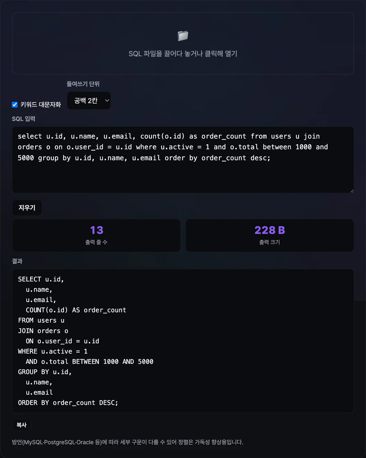 한 줄로 붙어 있던 SQL을 붙여넣자 SELECT·FROM·WHERE·JOIN이 각각 새 줄로 나뉘고 예약어만 대문자로 바뀐 결과, 출력 줄 수와 출력 크기 타일이 함께 표시된 화면