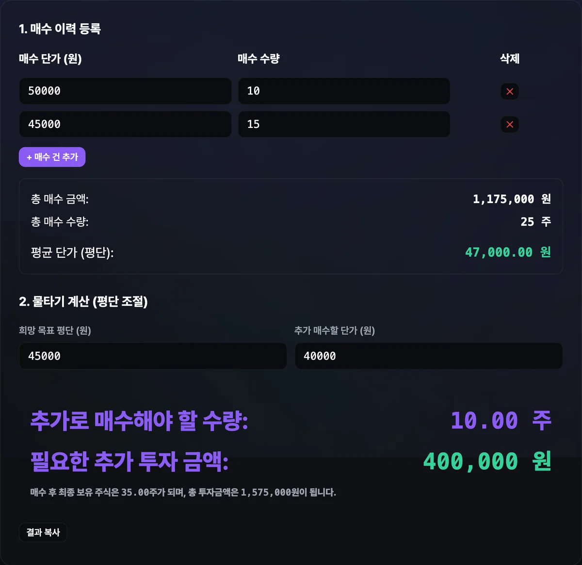 매수 단가 50,000원 10주와 45,000원 15주를 입력해 총 투자금액 1,175,000원, 총 수량 25주, 평단 47,000원이 계산되고, 목표 평단과 추가 매수 단가를 입력해 필요한 추가 매수 수량과 투자금액이 표시된 화면
