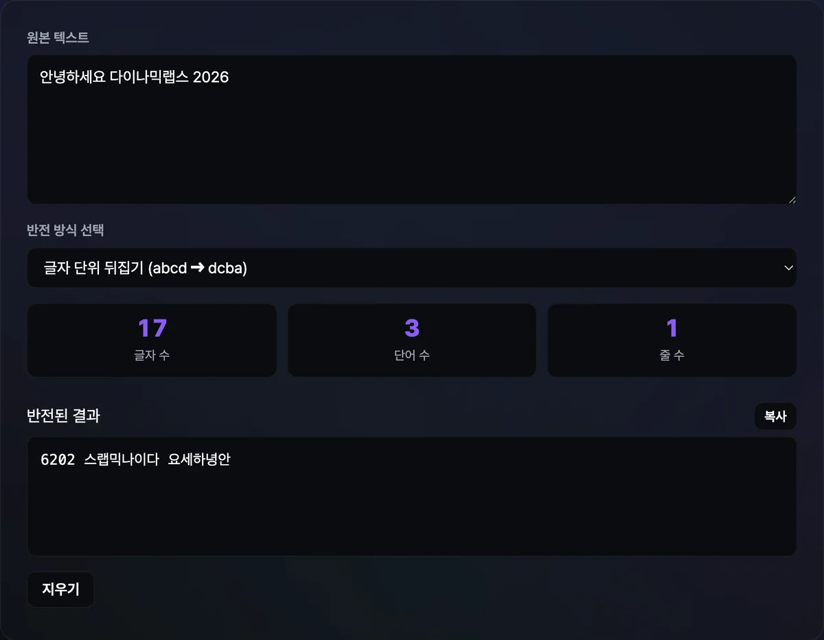 텍스트 뒤집기 화면에서 입력한 문장이 글자 단위로 거꾸로 뒤집혀 결과창에 나오고 글자·단어·줄 수가 함께 표시된 모습