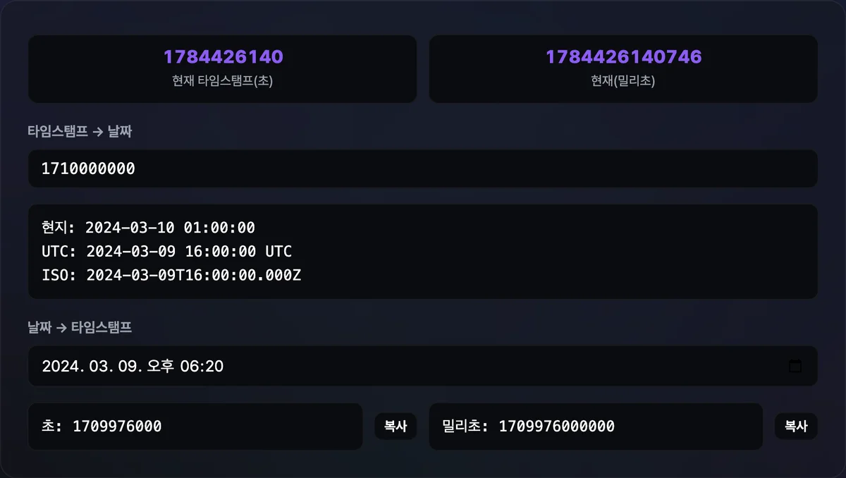 타임스탬프 입력창에 1700000000을 넣자 현지 시각·UTC·ISO 8601 세 형식으로 변환된 결과가 표시된 화면