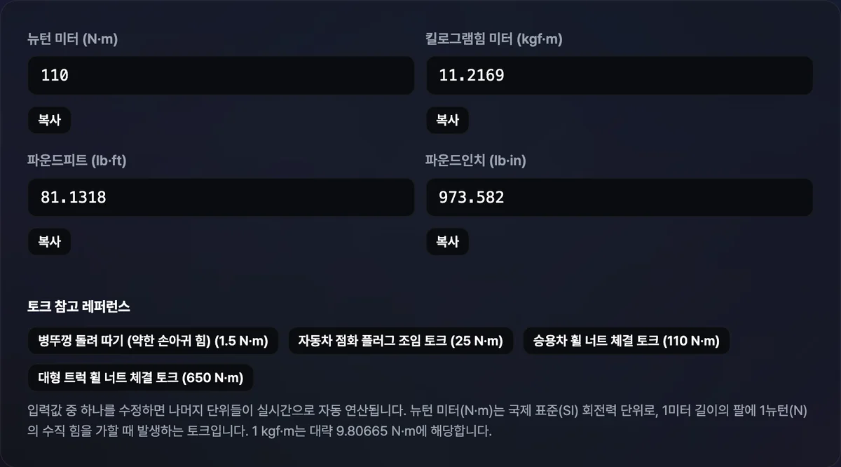 N·m 입력칸에 값을 넣자 kgf·m, lb·ft, lb·in 세 칸이 동시에 채워진 토크 단위 변환기 화면