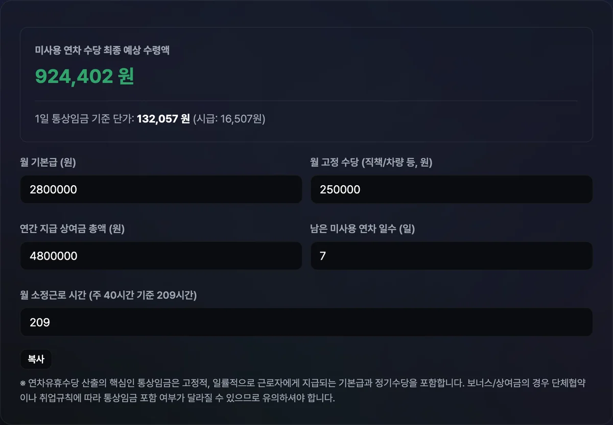 미사용 연차수당 계산기에 월 기본급, 고정수당, 연간 상여금, 소정근로시간, 미사용 연차 일수를 입력하자 예상 연차수당 총액과 1일 통상임금·시급이 함께 표시된 화면