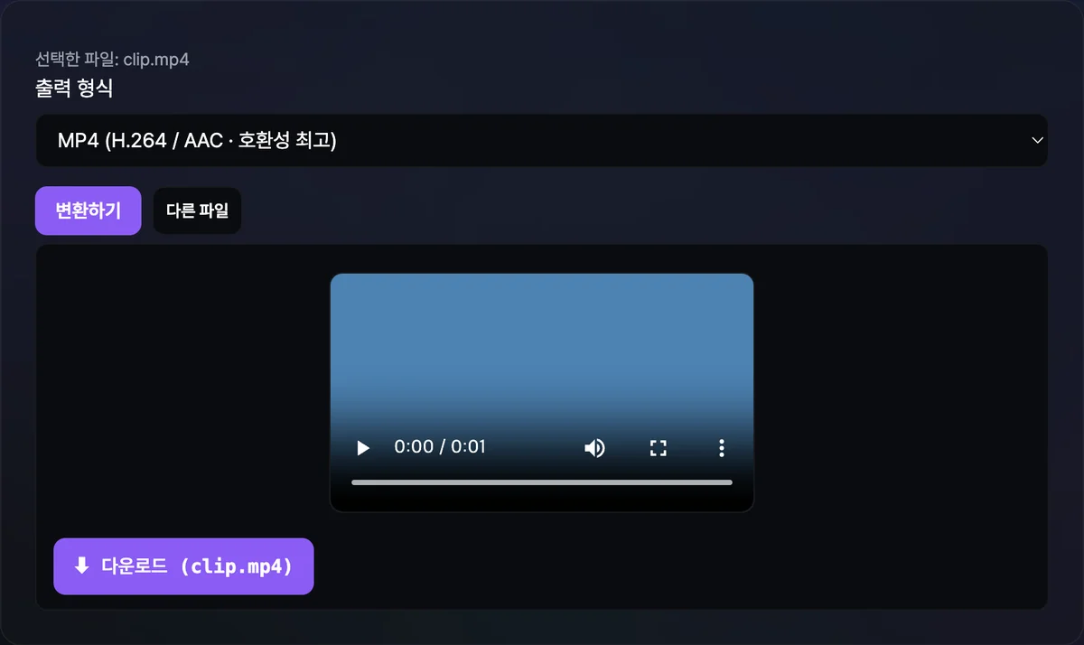 동영상 변환 도구에 mov 파일을 올리고 출력 형식으로 MP4를 선택하자 변환이 완료되어 원본보다 작아진 파일 용량과 다운로드 버튼이 표시된 화면