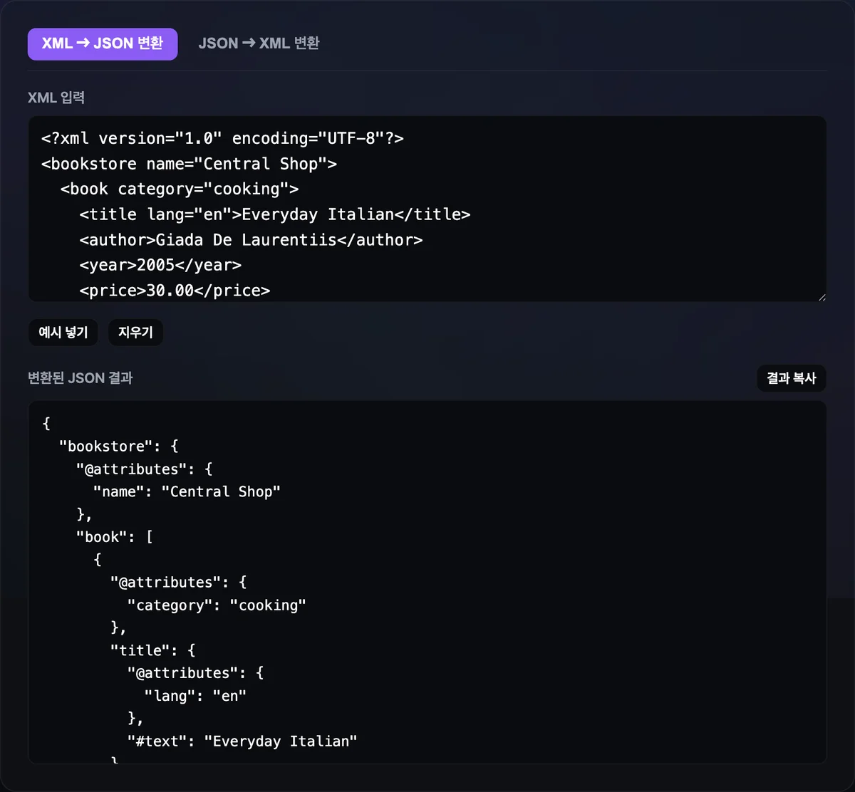 XML JSON 변환기의 XML → JSON 탭에 서점 예시 XML을 입력하자 book 태그의 category 속성이 @attributes 키로 분리되고, title 태그의 lang 속성과 텍스트가 각각 @attributes와 #text로 나뉘어 book이 2개라 배열로 묶여 출력된 JSON 결과 화면